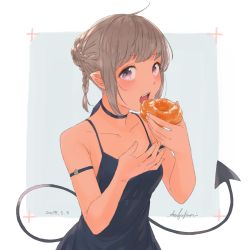 Rule 34 | 1girl, ahoge, ao fujimori, arm garter, backlighting, bare arms, blue background, blue dress, border, braid, braided bun, collarbone, dated, demon girl, demon tail, doughnut, dress, fang, fingernails, food, french braid, from side, grey hair, hair bun, hair tie, halterneck, hands up, highres, holding, holding food, looking at viewer, open mouth, original, outside border, pointy ears, purple eyes, rounded corners, signature, simple background, single hair bun, sleeveless, sleeveless dress, solo, tail, tareme, teeth, upper body, upper teeth only, white border