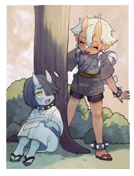 Rule 34 | 2boys, blue skin, bush, child, colored skin, commentary request, demon, genshin impact, hair over one eye, highres, holding, holding paper, japanese clothes, looking at another, morning, multiple boys, nakura hakuto, open mouth, orc, outdoors, paper, red skin, sandals, shorts, tree, yellow eyes, zouri