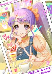Rule 34 | 1girl, blunt bangs, bracelet, character hair ornament, cup, hair ornament, hair scrunchie, hand on own cheek, hand on own face, happy birthday, highres, indoors, jewelry, juliet sleeves, junon (pripara), kanon (pripara), long hair, long sleeves, looking at viewer, manaka non, mendamen, nail polish, orange shirt, parfait, picture frame, pinon (pripara), polaroid, portrait (object), pretty series, pripara, puffy sleeves, purple eyes, purple hair, ring, scrunchie, see-through, see-through shirt, shirt, side ponytail, smile, solo, spoon, sticker on face, tongue, tongue out, twitter username, upper body, usacha, w