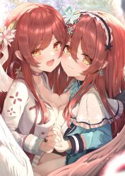 Rule 34 | 2girls, absurdres, blush, breast press, breasts, brown eyes, brown hair, character request, cleavage, closed mouth, commentary request, copyright request, earrings, hair between eyes, hair ornament, highres, holding hands, hug, jewelry, long hair, looking at viewer, multiple girls, simple background, sky cappuccino, symmetrical docking, wings