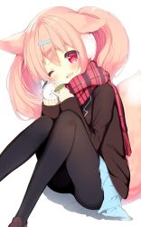 Rule 34 | 1girl, animal ears, black jacket, blazer, blue skirt, blush, commentary, earmuffs, fox ears, fox tail, hair between eyes, hair ornament, hairclip, head tilt, holding, jacket, knees together feet apart, loafers, one eye closed, open mouth, original, p19, pantyhose, pink hair, pleated skirt, red eyes, scarf, shoes, simple background, sitting, skirt, smile, snow rabbit, solo, tail, twintails, virtual youtuber, white background