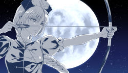 Rule 34 | 1girl, aiming, arrow (projectile), bow, bow (weapon), braid, braided ponytail, closed mouth, collared dress, commentary, cross, dress, full moon, hat, holding, holding bow (weapon), holding weapon, kyuu umi, light frown, long hair, looking afar, monochrome, moon, nurse cap, ponytail, puffy short sleeves, puffy sleeves, short sleeves, sky, solo, star (sky), starry sky, touhou, upper body, very long hair, weapon, yagokoro eirin