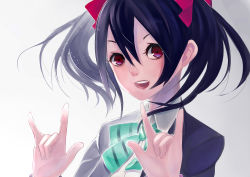 Rule 34 | 10s, 1girl, black hair, blazer, bow, bowtie, double m/, gradient background, green bow, green bowtie, hair between eyes, hair bow, highres, jacket, jun project, junp, looking at viewer, love live!, love live! school idol project, m/, nico nico nii, open mouth, red bow, red eyes, school uniform, solo, striped bow, striped bowtie, striped clothes, striped neckwear, twintails, upper body, yazawa nico