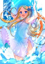 Rule 34 | 1girl, abigail williams (fate), akirannu, armpits, arms up, bare shoulders, bead bracelet, beads, black bow, blonde hair, blue eyes, blue sky, blush, bow, bracelet, breasts, collarbone, dress, fate/grand order, fate (series), flower, forehead, hair bow, hat, hat bow, hat flower, highres, jewelry, light rays, long hair, looking at viewer, multiple bows, open mouth, orange bow, parted bangs, sidelocks, sky, small breasts, smile, straw hat, thighs, wading, water, white dress, white hat