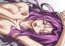 Rule 34 | 1girl, armpits, arms up, blue eyes, blush, breasts squeezed together, breasts, code geass, collarbone, cornelia li britannia, kyabakurabakufu, large breasts, long hair, looking at viewer, lying, nipples, nude, on back, open mouth, purple hair, raised eyebrows, solo, upper body