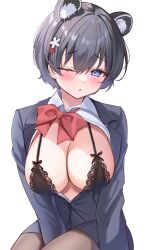 Rule 34 | 1girl, animal ears, areola slip, black bra, black eyes, black hair, black pantyhose, blue archive, blush, bow, bowtie, bra, breasts, cleavage, closed mouth, collared shirt, cowboy shot, extra ears, hair between eyes, hair ornament, highres, katsushika pachi, large breasts, long sleeves, official alternate costume, one eye closed, pantyhose, red bow, red bowtie, shirt, short hair, simple background, solo, tour guide, tsubaki (blue archive), tsubaki (guide) (blue archive), underwear, white background, white shirt
