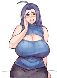 Rule 34 | 1girl, aged up, artist name, bare shoulders, belly, blush, breasts, cleavage, closed eyes, eyebrows, glasses, hair intakes, hip focus, huge breasts, idolmaster, idolmaster (classic), long hair, mature female, miura azusa, purple hair, signature, simple background, sleeveless, sleeveless turtleneck, smile, solo, turtleneck, white background, zako (arvinry)