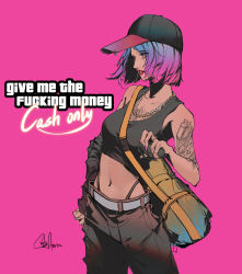Rule 34 | 1girl, absurdres, arm tattoo, bag, bare shoulders, baseball cap, black hat, black tank top, blue eyes, blue hair, breasts, brown pants, chain, chain necklace, collarbone, commentary request, crop top, duffel bag, english text, explosive, gradient hair, grand theft auto, grenade, hat, highres, holding, jewelry, long sleeves, looking away, medium breasts, midriff, multicolored hair, navel, necklace, original, pants, parted lips, pink background, profanity, purple hair, red lips, shoulder bag, signature, simple background, solo, standing, storia, tank top, tattoo