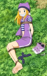 Rule 34 | 1girl, barefoot, beanie, blonde hair, digimon, digimon frontier, feet, gag, gagged, hat, helpless, midriff, orimoto izumi, peril, rope, scared, shadow xcp, shoes, signature, soles, tied up (nonsexual), toenails, toes, unworn shoes, unworn socks