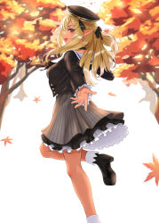 Rule 34 | 1girl, :d, absurdres, autumn, autumn leaves, black choker, black footwear, black hat, black jacket, black ribbon, blonde hair, boots, braid, choker, dark-skinned female, dark elf, dark skin, dress, elf, frilled sleeves, frills, from behind, from side, grey dress, hair ribbon, half updo, hat, highres, hololive, jacket, jiu fanglianhua, layered dress, long hair, long sleeves, looking at viewer, open mouth, outstretched arm, outstretched hand, pinstripe dress, pinstripe pattern, pointy ears, reaching, reaching towards viewer, ribbon, sailor dress, sailor hat, shiranui flare, shiranui flare (street), short dress, side braid, smile, solo, striped, virtual youtuber