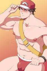 Rule 34 | 1boy, abs, absurdres, backpack, bag, bara, baseball cap, black hair, briefs, brown eyes, bulge, closed mouth, creatures (company), eddlayer, game freak, gradient background, hat, highres, large pectorals, male focus, male underwear, muscular, muscular male, navel, nintendo, nipples, pectorals, pokemon, pokemon sm, red (pokemon), red male underwear, short hair, simple background, solo, twitter username, underwear, wristband
