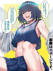 Rule 34 | 1boy, bare shoulders, blue eyes, blue hairband, blue headwear, blue shirt, blue skirt, cheerleader, cheerleading, commentary request, crop top, crossdressing, crown, diamond (shape), diamond crown, diamond hairband, fate/grand order, fate (series), grey hair, hairband, heart, highres, insect wings, light blue shirt, looking down, male focus, medium hair, midriff, multicolored clothes, multicolored crop top, multicolored shirt, navel, oberon (fate), oberon (third ascension) (fate), pom pom (cheerleading), sausu hitori, shirt, skirt, sleeveless, smile, solo, speech bubble, teeth, translation request, trap, upper teeth only, white pom poms, white shirt, wings