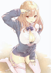 Rule 34 | 1girl, :d, blonde hair, blue bow, blue bowtie, blue jacket, bow, bowtie, breasts, brown eyes, claw ring, cleavage, collared shirt, goddess of victory: nikke, hair ornament, hand on own thigh, highres, jacket, jewelry, large breasts, light blush, long hair, manatsuki manata, multiple rings, off-shoulder jacket, off shoulder, open mouth, parted lips, partially unbuttoned, pencil skirt, puffy sleeves, ring, shirt, sitting, skindentation, skirt, sleeves past wrists, smile, solo, thighhighs, tia (nikke), v, wariza, white shirt, white thighhighs