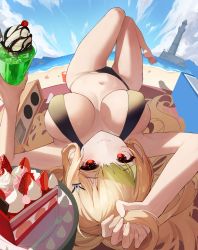Rule 34 | 1girl, absurdres, arm up, bare arms, bare shoulders, barefoot, beach, bikini, black bikini, blonde hair, breasts, breasts apart, cake, cake slice, closed mouth, day, food, halterneck, highres, holding, holding own hair, josal, large breasts, legs up, lying, navel, on back, original, outdoors, red eyes, skindentation, smile, solo, stomach, string bikini, sunlight, swimsuit, thighs, tropical drink, upside-down