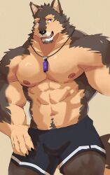Rule 34 | 1boy, abs, absurdres, animal ears, bara, brown fur, cowboy shot, dog boy, dog ears, facial hair, furry, furry male, goatee, highres, jewelry, kimagureuso, large pectorals, live a hero, looking at viewer, male focus, muscular, muscular male, navel, navel hair, nipples, pectorals, pendant, pubraseer (live a hero), short hair, shorts, smile, solo, standing, stomach, thick eyebrows, topless male, two-tone fur