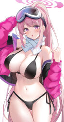 Rule 34 | 1girl, absurdres, bikini, black bikini, blue archive, breasts, cleavage, cowboy shot, eimi (blue archive), eimi (swimsuit) (blue archive), goggles, goggles on head, halo, highres, jacket, large breasts, long hair, looking at viewer, official alternate costume, open clothes, open jacket, open mouth, pink eyes, pink hair, pink halo, pink jacket, scarf, side-tie bikini bottom, simple background, solo, sora01o, swimsuit, white background, white scarf