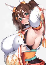 Rule 34 | 1girl, absurdres, animal ears, armpits, blush, breasts, brown hair, commentary request, commission, detached sleeves, ear covers, green eyes, grey background, hair between eyes, highres, horse ears, horse girl, inari one (fields of gold) (umamusume), inari one (umamusume), kshimu, large breasts, looking at viewer, obi, official alternate costume, official alternate hairstyle, presenting armpit, sash, short hair, simple background, skeb commission, solo, sweat, two side up, umamusume, white sleeves, wide sleeves