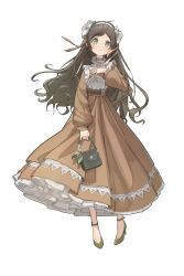 Rule 34 | 1girl, absurdres, bag, belt, blush, breasts, brown eyes, brown hair, closed mouth, commentary, dress, expressionless, flower, full body, hair flower, hair ornament, hair ribbon, hairband, hand on own chest, handbag, hano 1219, high heels, highres, holding, holding bag, long dress, long hair, long sleeves, looking at viewer, maid, medium breasts, original, parted bangs, ribbon, simple background, solo, standing, symbol-only commentary, wavy hair, white background