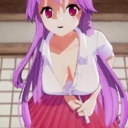 Rule 34 | 1girl, 3d, animal ears, animated, bouncing breasts, breasts, cleavage, downblouse, hanging breasts, large breasts, leaning forward, light purple hair, looking at viewer, mofumoko5, no bra, purple eyes, rabbit ears, reisen udongein inaba, smile, solo, thighs, touhou, video