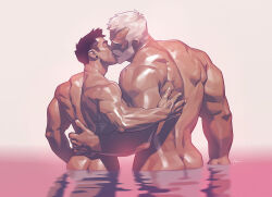 Rule 34 | 2boys, age difference, ass, back muscles, bara, beard, black hair, butt crack, couple, cowboy shot, ear piercing, facial hair, from behind, full beard, hand on another&#039;s back, highres, kiss, male focus, mature male, multiple boys, muscular, muscular male, nude, old, old man, original, piercing, pink background, silverjow, thick beard, ulric (silverjow), valentine, wei (silverjow), yaoi