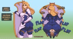 Rule 34 | 1girl, 1other, ass, backboob, blonde hair, blush, breasts, brown eyes, clothed sex, countmoxi, cum, ejaculation, english text, huge breasts, kisara (tales), long hair, looking back, open mouth, penis, pixel art, pov, shield, speech bubble, tales of (series), tales of arise, testicles, torn clothes
