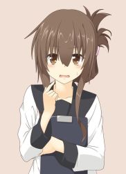 Rule 34 | 1girl, blush, brown eyes, brown hair, collarbone, commentary request, folded ponytail, hair between eyes, holding, inazuma (kancolle), kantai collection, kisaragi yuu (re:lucks), long hair, looking at viewer, open mouth, pointing, pointing at self, school uniform, sidelocks, simple background, solo, sweatdrop, upper body, wavy mouth
