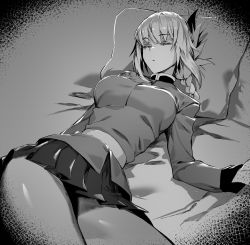 Rule 34 | 1girl, absurdres, bed sheet, belt, braid, braided ponytail, breasts, closed eyes, fate/grand order, fate (series), florence nightingale (fate), folded ponytail, gloves, greyscale, highres, hxd, jacket, large breasts, long hair, long sleeves, lying, monochrome, on back, on bed, pantyhose, pillow, skirt, sleeping, solo