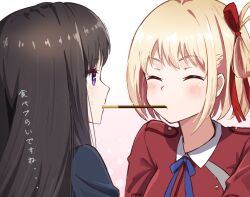 Rule 34 | 2girls, ^ ^, black hair, blonde hair, blue ribbon, blush, bright pupils, closed eyes, commentary, eyelashes, eyes visible through hair, food, food in mouth, hair between eyes, hair ribbon, highres, hyoe (hachiechi), jacket, lips, long hair, looking at another, lycoris recoil, lycoris uniform, multiple girls, nose, one side up, pocky, pocky day, pocky in mouth, pocky kiss, profile, purple eyes, red jacket, red ribbon, ribbon, shared food, short hair, sidelocks, simple background, straight hair, sweatdrop, translated, white background, white pupils, yuri