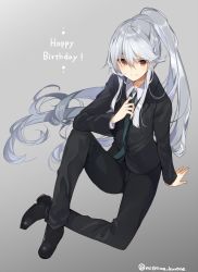 Rule 34 | 1girl, adjusting clothes, adjusting necktie, arm support, brown eyes, commentary request, formal, full body, happy birthday, long hair, mishima kurone, necktie, pant suit, pants, ponytail, shirokami project, shoes, sidelocks, signature, solo, suit, tierra azur, twitter username, very long hair, white hair