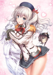 Rule 34 | 1boy, 1girl, apron, beret, blue eyes, breasts, detached sleeves, epaulettes, gloves, gradient background, grey hair, hat, heart, highres, holding, kantai collection, kashima (kancolle), long hair, long sleeves, looking at viewer, looking back, medium breasts, military, military uniform, miniskirt, open mouth, panties, peaked cap, pink background, shiny skin, short hair, simple background, skirt, thighs, twintails, uguisu kagura, underwear, uniform, white gloves, white panties