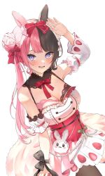 Rule 34 | 1girl, animal ear fluff, animal ears, beads, black hair, blue eyes, blush, bow, breasts, cleavage, double bun, dress, earrings, food, food-themed earrings, food print, food themed earrings, fruit, hair bow, hair bun, hair ribbon, highres, jewelry, ko me 9, large breasts, long hair, looking at viewer, multicolored hair, open mouth, pink dress, pink hair, pink ribbon, rabbit ears, red ribbon, ribbon, simple background, solo, split-color hair, strawberry, strawberry earrings, strawberry print, tachibana hinano (vtuber), teeth, twintails, two-tone hair, virtual youtuber, vspo!, white background