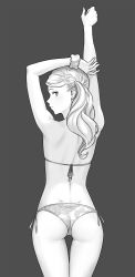 Rule 34 | 10s, 1girl, alternate costume, arms up, ass, atlus, bare arms, bare shoulders, bikini, cheshirrr, closed mouth, floral print, from behind, grey background, greyscale, halterneck, highres, lips, long hair, looking at viewer, midriff, monochrome, persona, persona 5, sega, side-tie bikini bottom, simple background, solo, standing, swept bangs, swimsuit, takamaki anne, thigh gap, thighs, twintails