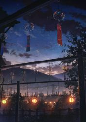 Rule 34 | city lights, cloud, cola (gotouryouta), commentary request, fence, highres, hook, lantern, mountain, night, night sky, no humans, original, outdoors, power lines, scenery, sky, star (sky), starry sky, town, transmission tower, tree, wind chime, wind chime focus, wooden fence