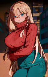 Rule 34 | 1girl, arm under breasts, blonde hair, blue eyes, blush, breasts, building, city lights, cityscape, closed mouth, colored eyelashes, cowboy shot, crossed arms, denim, eyebrows hidden by hair, hair between eyes, highres, jeans, large breasts, leaning on object, long hair, long sleeves, looking at viewer, original, pants, red sweater, ribbed sweater, ryusei hashida, signature, skyscraper, smirk, solo, sweater, sweater tucked in, thighs, turtleneck, turtleneck sweater, very long hair, wavy mouth