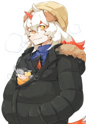 Rule 34 | ;), aak (arknights), animal ears, arknights, beanie, black jacket, blue sweater, brown headwear, closed mouth, commentary, fur-trimmed hood, fur trim, furry, furry male, hands in pockets, hat, highres, hood, hood down, hooded jacket, horns, hung (arknights), jacket, one eye closed, shared clothes, shared jacket, shimauma (zebra vz), simple background, single horn, smile, sweater, symbol-only commentary, tail, trembling, turtleneck, turtleneck sweater, upper body, white background, yellow eyes