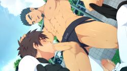 Rule 34 | 2boys, abs, age difference, bacchikoi!, bara, baseball uniform, beard, black hair, blush, brown hair, collaboration, facial hair, fellatio, from below, grass, green eyes, hand on another&#039;s head, hand on own penis, jockstrap, looking at another, looking down, male focus, male masturbation, male underwear, masturbation, mazjojo, mikkoukun, multiple boys, muscular, muscular male, nakahara masaru, nipples, non-web source, one eye closed, open mouth, oral, outdoors, pectorals, penis, precum, sportswear, sweatdrop, tadano genji, testicles, thick eyebrows, underwear, variant set, yaoi, zamius