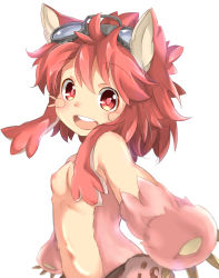 Rule 34 | 1girl, :d, alternate universe, animal ears, breasts, cat ears, claws, fur, goggles, goggles on head, hair between eyes, looking at viewer, made in abyss, medium hair, mitty (made in abyss), mitty (made in abyss) (furry), navel, neko pachi, nipples, open mouth, pink pupils, red eyes, red hair, round teeth, simple background, small breasts, smile, solo, teeth, topless, upper body, whiskers, white background