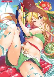 Rule 34 | 1girl, ;q, absurdres, bikini, bikini shorts, blonde hair, blue sky, blush, breasts, closed mouth, cloud, cloudy sky, day, flower, food, front-tie bikini top, front-tie top, fruit, gintarou (kurousagi108), green bikini, green eyes, green shorts, gun, hair between eyes, hat, hat flower, hibiscus, highres, holding, holding gun, holding weapon, inflatable raft, knee up, long hair, looking at viewer, medium breasts, melon, melonbooks, navel, no panties, one eye closed, original, outdoors, red flower, shorts, sitting, sky, smile, solo, sparkle, spread legs, straw hat, sun hat, swimsuit, thighs, tongue, tongue out, tsurime, upshorts, water gun, weapon