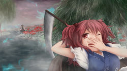 Rule 34 | 2girls, boat, cloud, cloudy sky, covering own mouth, flower, hair bobbles, hair ornament, hat, long sleeves, looking at viewer, lying, monster, multiple girls, on back, one eye closed, onozuka komachi, red eyes, red hair, scythe, shiki eiki, shore, short hair, short sleeves, skirt, skirt set, sky, spider lily, thighhighs, touhou, twintails, two side up, water, watercraft, white legwear, willow, yawning, yukanomokume