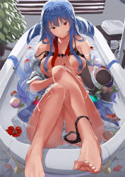 Rule 34 | 1girl, ass, bare shoulders, barefoot, bathtub, bikini, bikini around one leg, black bikini, black hat, blue skirt, blush, breasts, collarbone, commentary request, feet, flower, food, fruit, hair between eyes, hair censor, hat, head tilt, highres, hinanawi tenshi, large breasts, leaf, long hair, looking at viewer, neropaso, off shoulder, open clothes, open shirt, partially submerged, peach, petals, petals on liquid, petticoat, plant, red flower, red ribbon, ribbon, shirt, sidelocks, sitting, skirt, solo, strap slip, swimsuit, thighs, touhou, tower, unworn hat, unworn headwear, very long hair, water, wet, white shirt