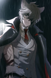 Rule 34 | 1boy, animal ears, belt, black jacket, buttons, closed mouth, clothing cutout, coat, coat on shoulders, collared shirt, double-breasted, erune, eyepatch, frown, granblue fantasy, grey hair, grey jacket, half-closed eyes, jacket, long sleeves, looking at viewer, necktie, nehan (granblue fantasy), rain, randy (randyrandy39), red necktie, ribs, scar, shirt, short hair, solo, upper body, wet