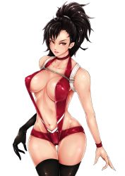 Rule 34 | 10s, 1girl, absurdres, bikini, black hair, black thighhighs, boku no hero academia, breasts, character name, chest strap, cleavage, copyright name, cowboy shot, elbow gloves, from above, gloves, highres, large breasts, lipstick, makeup, micro bikini, revision, single glove, solo, standing, swimsuit, thighhighs, yaoyorozu momo, zettai muri no akira