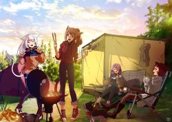 Rule 34 | 4girls, absurdres, animal ears, au ra, warrior of light (ff14), brown hair, campfire, camping, cardigan, cat, cat ears, cat tail, chair, closed eyes, contemporary, cooking, cup, day, dog, dragon horns, facial mark, final fantasy, final fantasy xiv, folding chair, food, forest, glasses, green eyes, grill, grilling, hair over one eye, hat, highres, holding, holding cup, hood, hood down, hoodie, horns, jacket, kebab, pantyhose under shorts, lili mdoki, long hair, looking at another, miqo&#039;te, multiple girls, nature, open clothes, open jacket, outdoors, pantyhose, pink hair, ponytail, red-framed eyewear, red hair, scales, scarf, semi-rimless eyewear, short hair, shorts, sitting, standing, tail, tent, tongs, tree, v, whisker markings, white hair