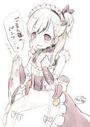 Rule 34 | 1girl, azur lane, bare shoulders, belfast (azur lane), blush, bow, boxers, braid, chita (ketchup), collarbone, dress, elbow gloves, gloves, hair between eyes, hair ribbon, hands up, holding, holding clothes, holding underwear, little bel (azur lane), long hair, maid, maid headdress, male underwear, monochrome, one side up, parted lips, ribbon, signature, simple background, sleeveless, sleeveless dress, solo, striped, striped bow, translation request, underwear, white background