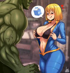 Rule 34 | 1boy, 1girl, 3d background, absurdres, bikini, bikini top only, black bikini, black eyes, blue jumpsuit, blush, bob cut, breasts, cameltoe, cleavage, cleft of venus, colored skin, come hither, fallout (series), fallout 4, green skin, heart, hetero, highres, jmg, jumpsuit, large breasts, licking lips, manly, mature female, mob face, monster boy, muscular, naughty face, navel, no pupils, sexually suggestive, short hair, solid oval eyes, solo focus, strap gap, super mutant, swimsuit, tongue, tongue out, underboob, undressing, vault girl, vault suit, veins