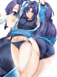 Rule 34 | 1girl, :o, arms up, ass, blue archive, blue buruma, blue eyes, blue hair, blue jacket, blue shirt, blush, bottle, breasts, buruma, drinking, gym uniform, halo, highres, hinata sora, jacket, large breasts, long hair, long sleeves, looking at viewer, multiple views, navel, parted lips, partially unzipped, ponytail, shirt, simple background, sleeves rolled up, star sticker, thighs, water bottle, white background, yuuka (blue archive), yuuka (track) (blue archive)