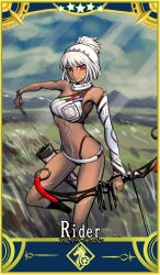 Rule 34 | 152 in can, 1girl, altera (fate), arrow (projectile), bow (weapon), card (medium), card parody, dark-skinned female, dark skin, detached sleeves, fate/grand order, fate (series), full-body tattoo, holding, holding arrow, holding bow (weapon), holding weapon, looking at viewer, quiver, red eyes, servant card (fate/grand order), short hair, single sleeve, star (symbol), tattoo, veil, weapon, white hair