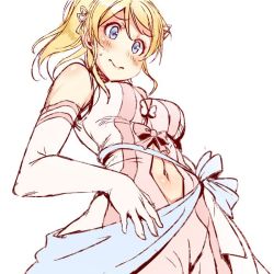 Rule 34 | 10s, 1girl, ajishio, ayase eli, bare shoulders, blonde hair, blue eyes, blush, bow, clothing cutout, elbow gloves, embarrassed, from below, gloves, love live!, love live! school idol festival, love live! school idol project, navel, navel cutout, ponytail, simple background, smile, solo, white background