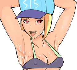 Rule 34 | 1girl, armpits, arms up, bare shoulders, bikini, blonde hair, breasts, cleavage, collarbone, covered erect nipples, eyeliner, food, fruit, hat, lemon, lips, looking at viewer, makeup, open mouth, original, red eyes, saberrung, short hair, sidelocks, signature, simple background, small breasts, smile, sweat, swimsuit, upper body, white background