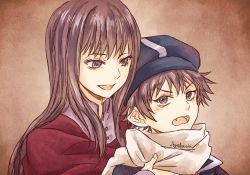 Rule 34 | 1boy, 1girl, ayks, blue headwear, brown background, brown eyes, brown hair, fangs, headwear request, looking at another, mother and son, neckwear request, open mouth, smile, tegami bachi, zazie winters, zazie winters&#039; mother